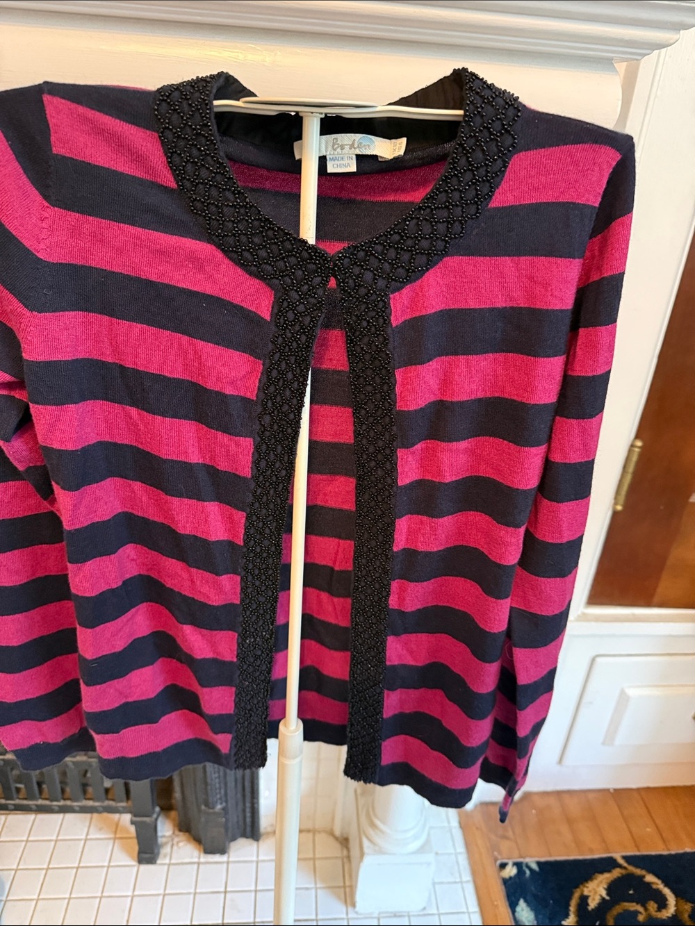Boden Striped Cardigan in Hot Pink & navy with Beaded Trim- worn a few times